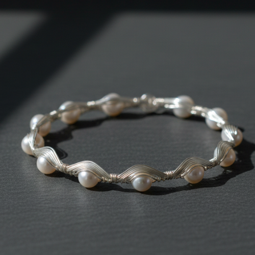 Handcrafted Silver Wire & Fresh water Pearl Cuff Bracelet