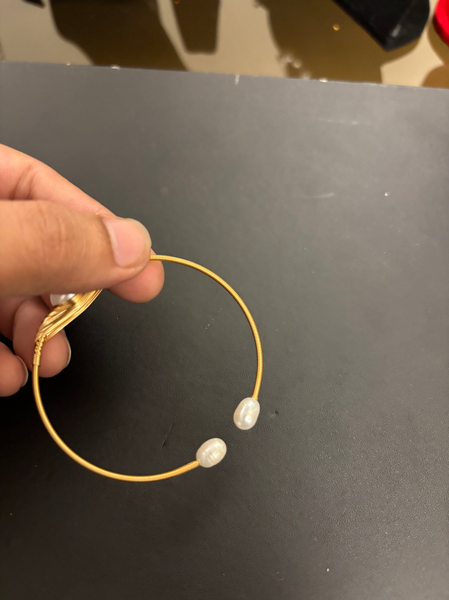 Golden Wire-Wrapped Pearl Cuff Bracelet