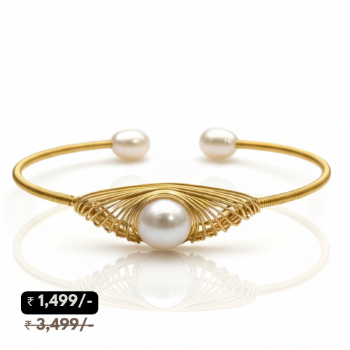 Golden Wire-Wrapped Pearl Cuff Bracelet