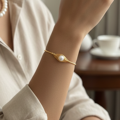 Golden Wire-Wrapped Pearl Cuff Bracelet