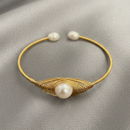 Golden Wire-Wrapped Pearl Cuff Bracelet