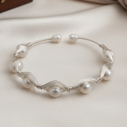 Handcrafted Silver Wire & Pearl Cuff Bracelet