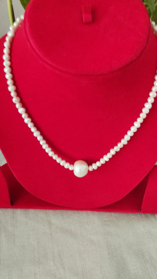 Fresh Water Pearls Necklace with Two Sized Pearls - 5 mm and Single 12 mm in Center