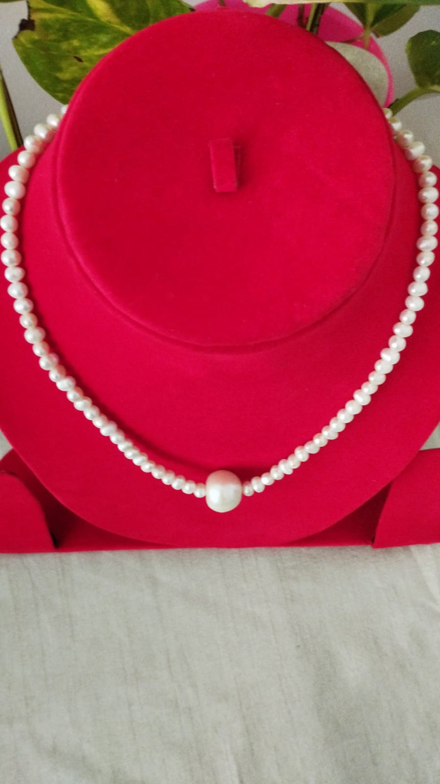 Fresh Water Pearls Necklace with Two Sized Pearls - 5 mm and Single 12 mm in Center