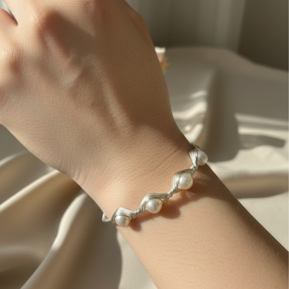 Handcrafted Silver Wire & Pearl Cuff Bracelet
