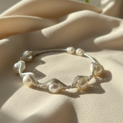 Handcrafted Silver Wire & Pearl Cuff Bracelet