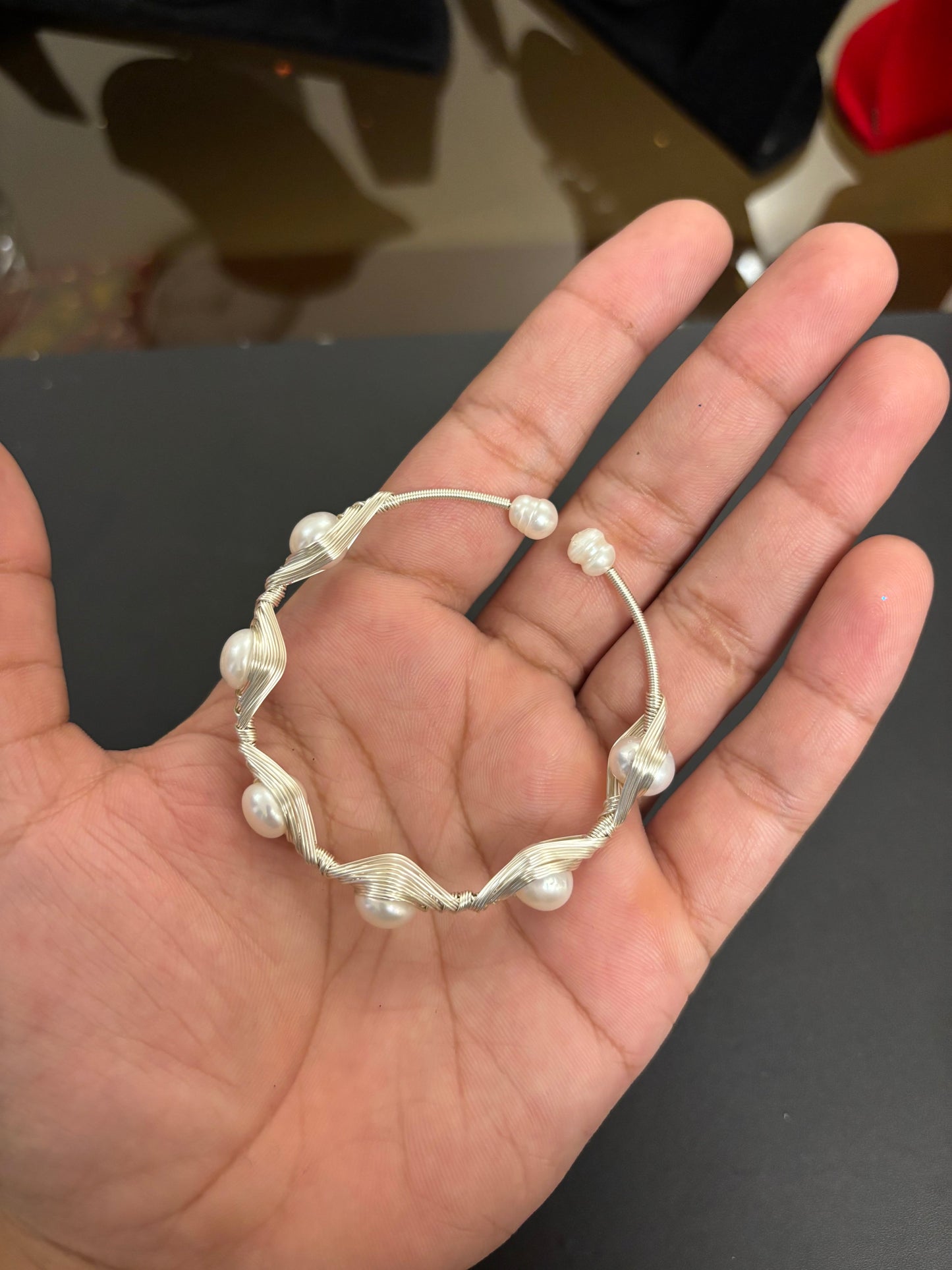 Handcrafted Silver Wire & Pearl Cuff Bracelet