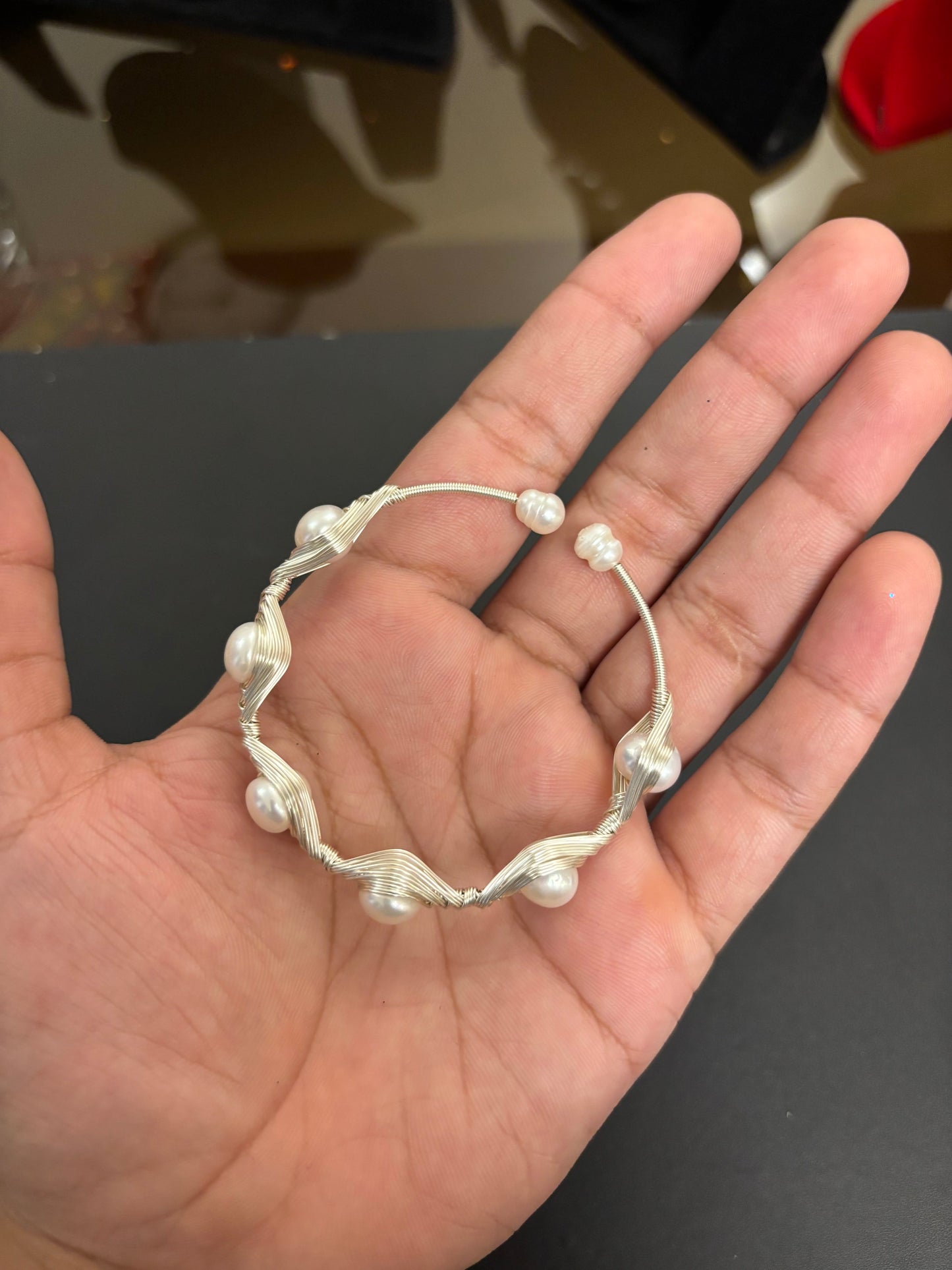 Handcrafted Silver Wire & Pearl Cuff Bracelet