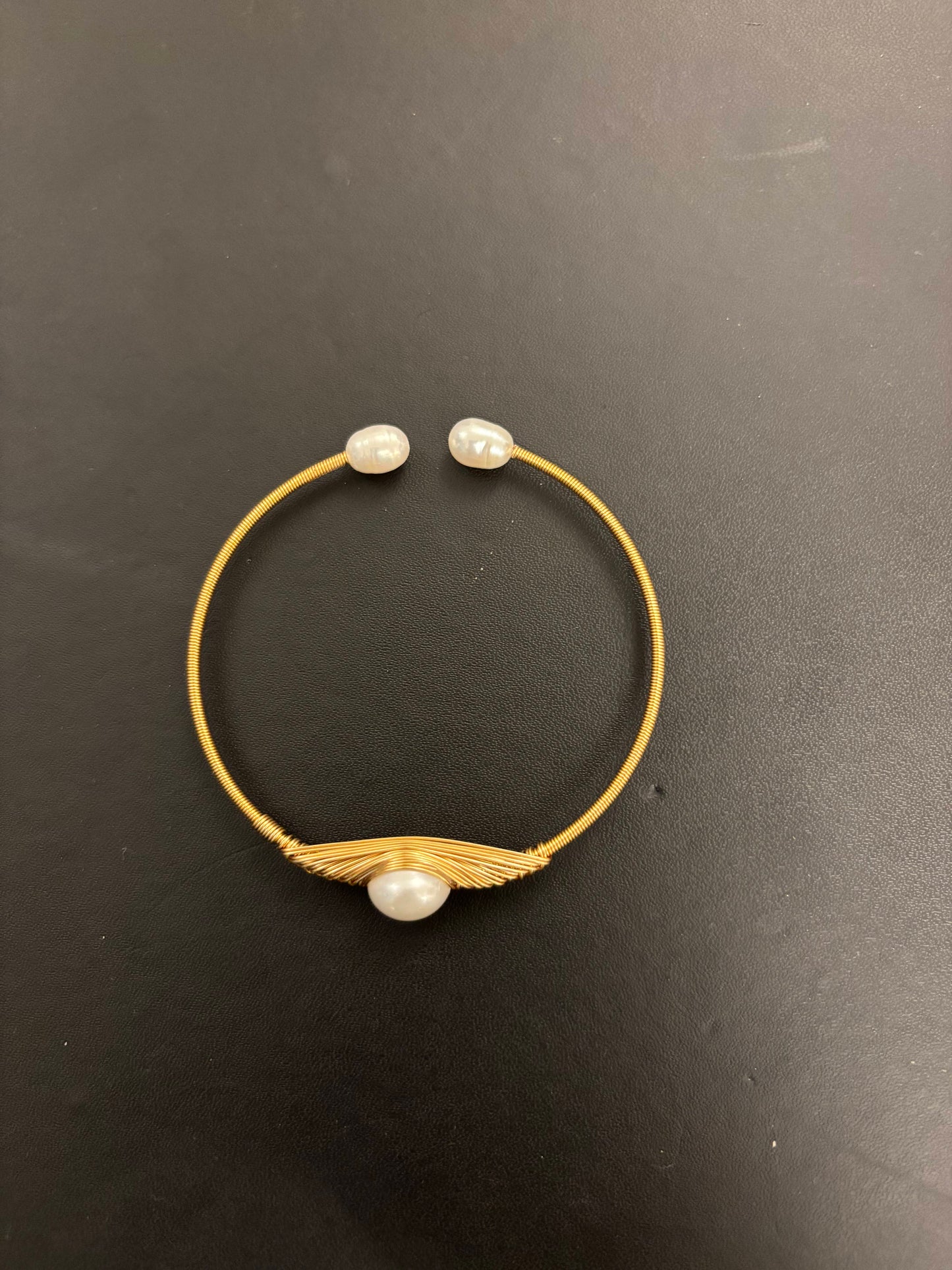 Golden Wire-Wrapped Pearl Cuff Bracelet