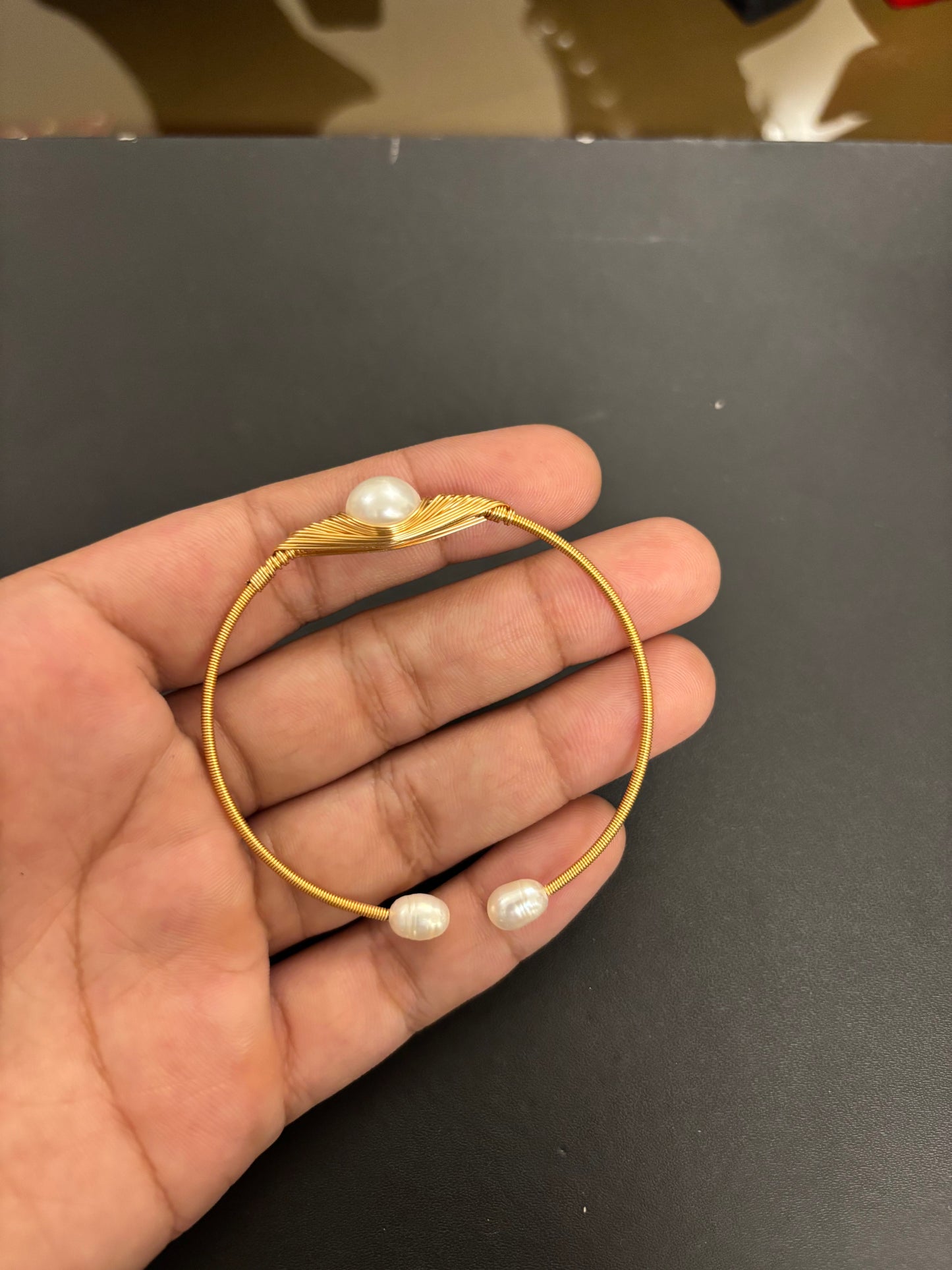 Golden Wire-Wrapped Pearl Cuff Bracelet