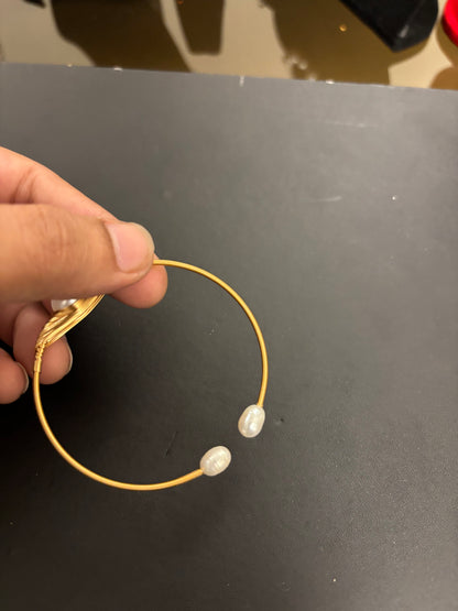 Golden Wire-Wrapped Pearl Cuff Bracelet