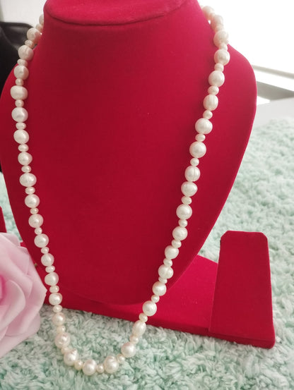 Fresh Water Pearls Necklace - Two Sizes of Pearls 5mm-10mm - White Pearls