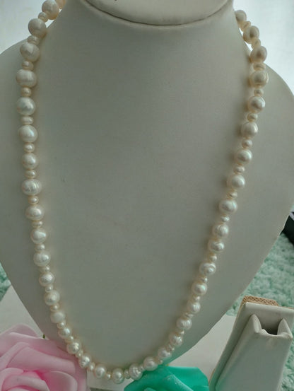 Fresh Water Pearls Necklace - Two Sizes of Pearls 5mm-10mm - White Pearls